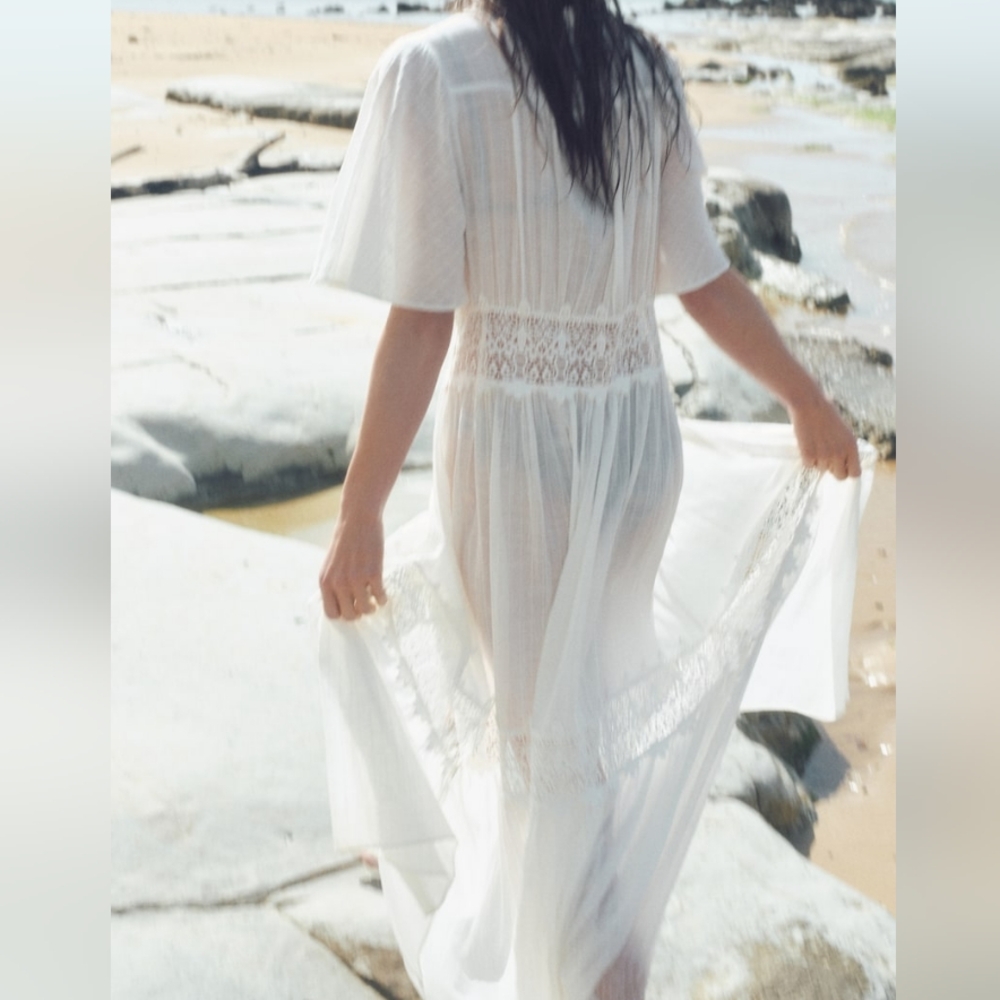 H&M Lace-inset Cotton Maxi Dress Tiered Woven Unlined/See Through White  NWT - Picture 3 of 15